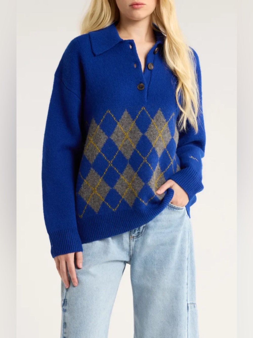 NWT Damsen Madder Blue Argyle Polo-Neck Sweater
